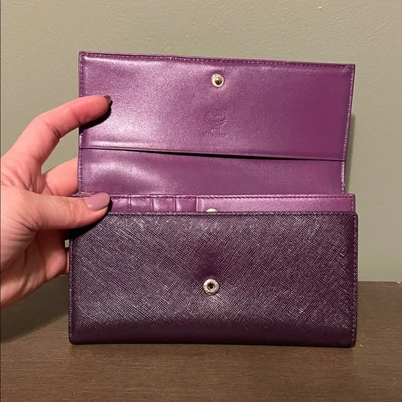 MCM Plum Dark Purple Leather Long Wallet with Two Tone Gold and Silver Logo - Picture 12 of 14